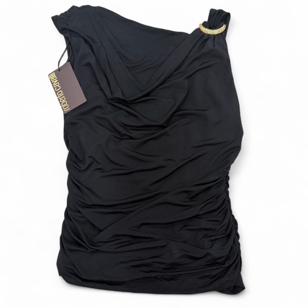 Brand New With Tags Roberto Cavalli Black Ruched Dress with Gold Accent